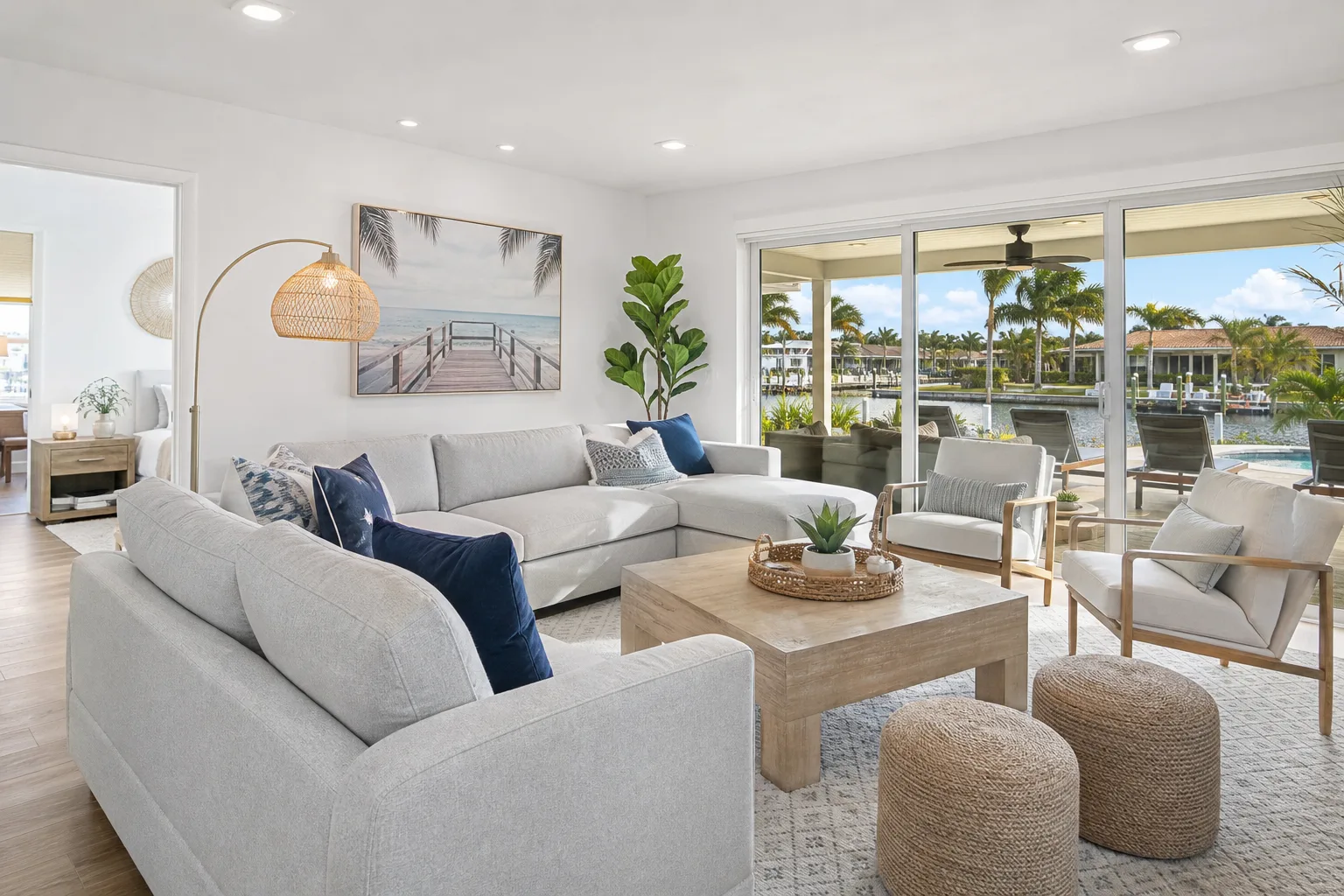 A beautiful, STR-grade living room for an Airbnb, coastal modern style