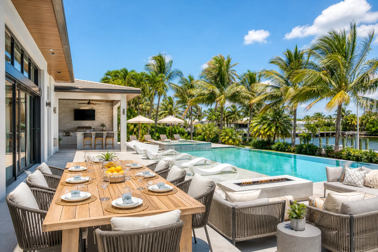 A luxury outdoor entertaining area for a Florida Airbnb estate
