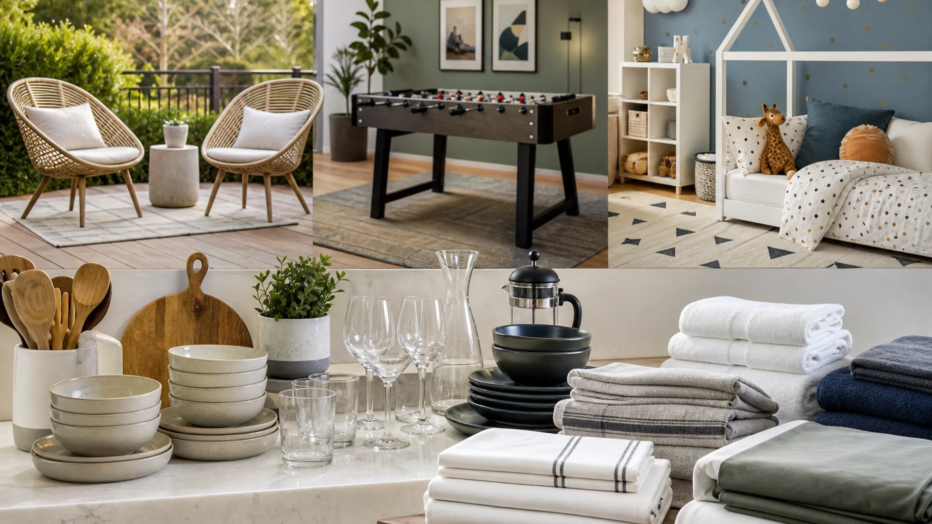 Airbnb furnishing add-ons including outdoor furniture, game room, themed room, and housewares.
