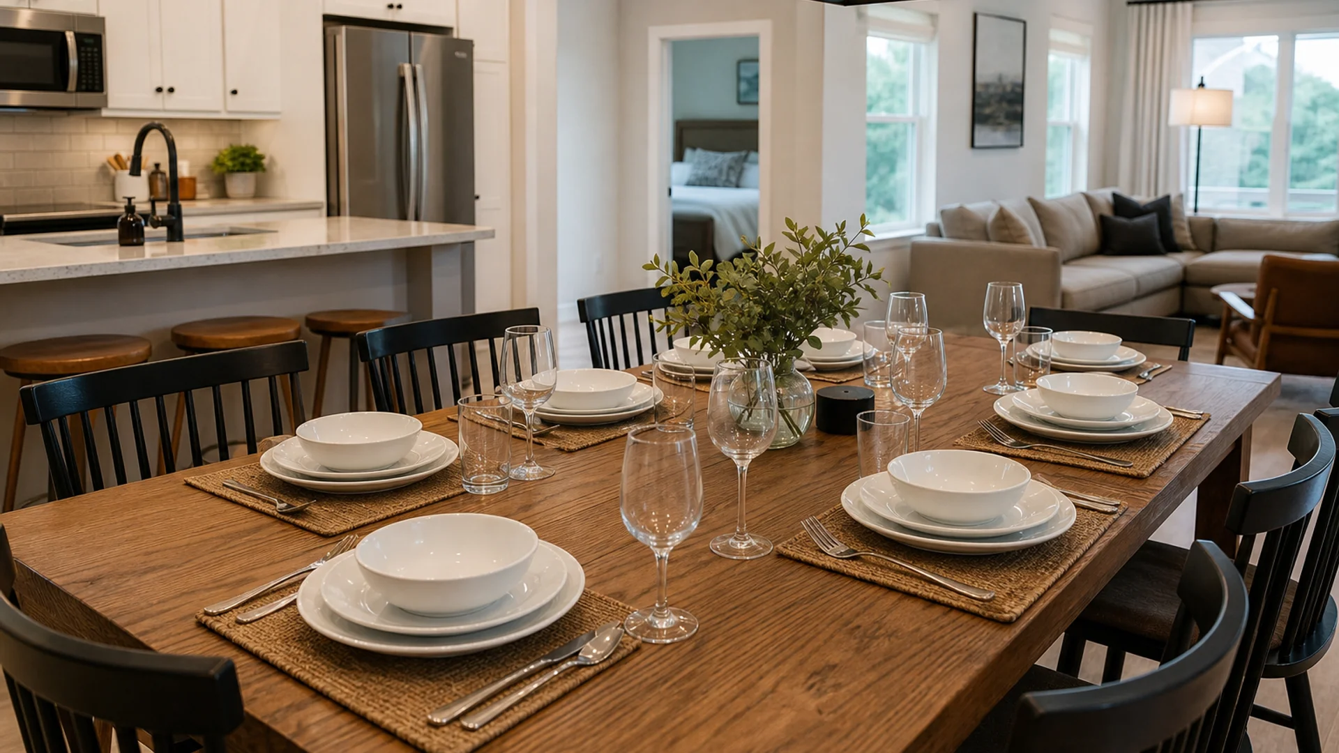 Airbnb dining housewares prepared for vacation rental guests.