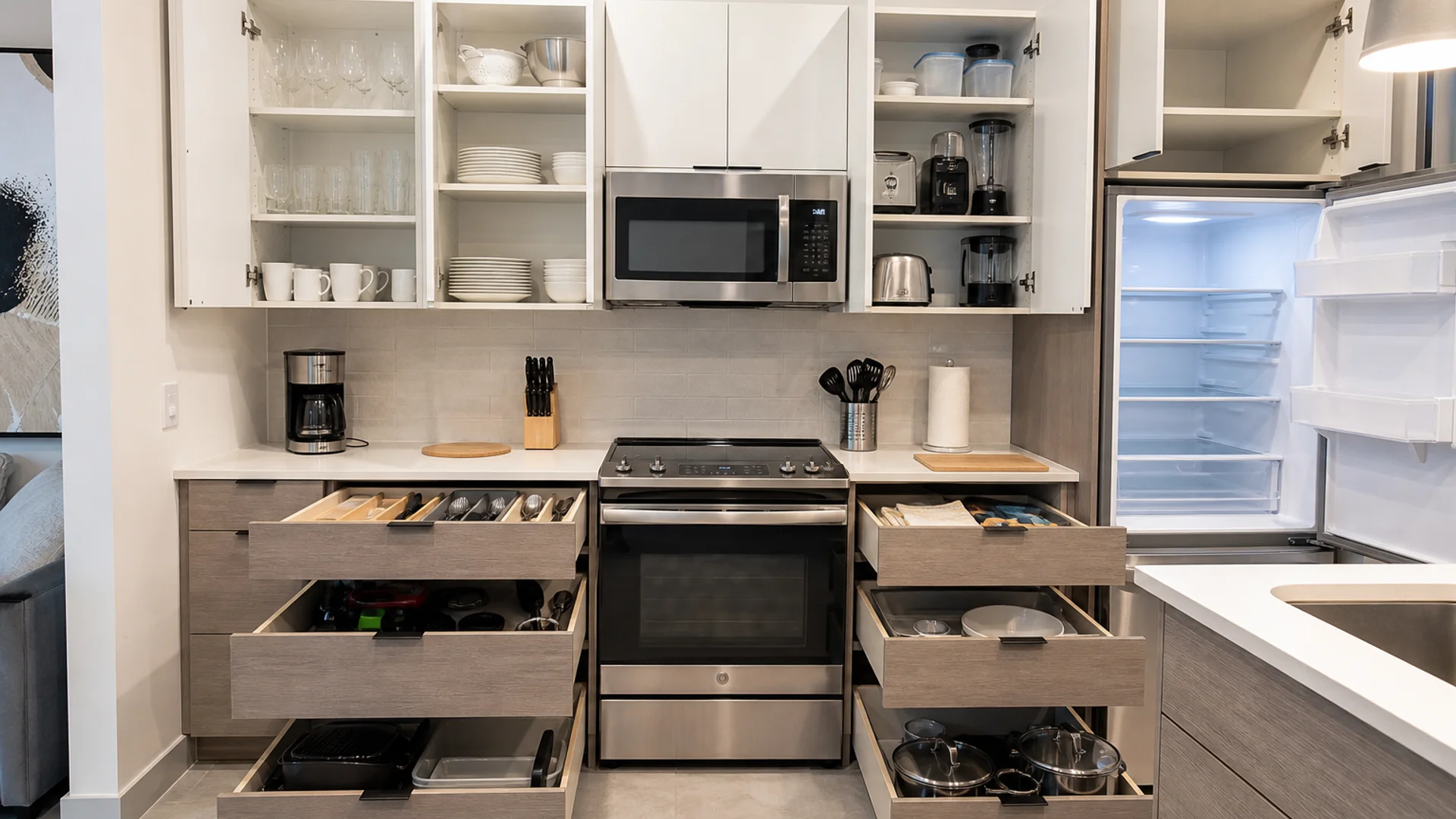 Fully stocked Airbnb kitchen with vacation rental housewares.
