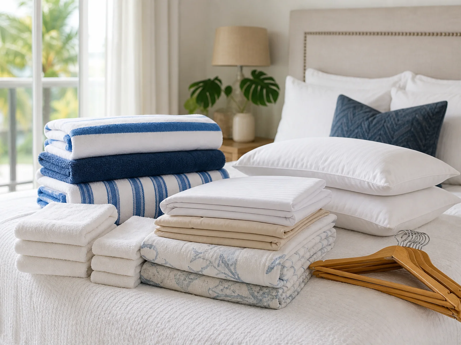 Airbnb linens and towels prepared for a vacation rental housewares checklist.