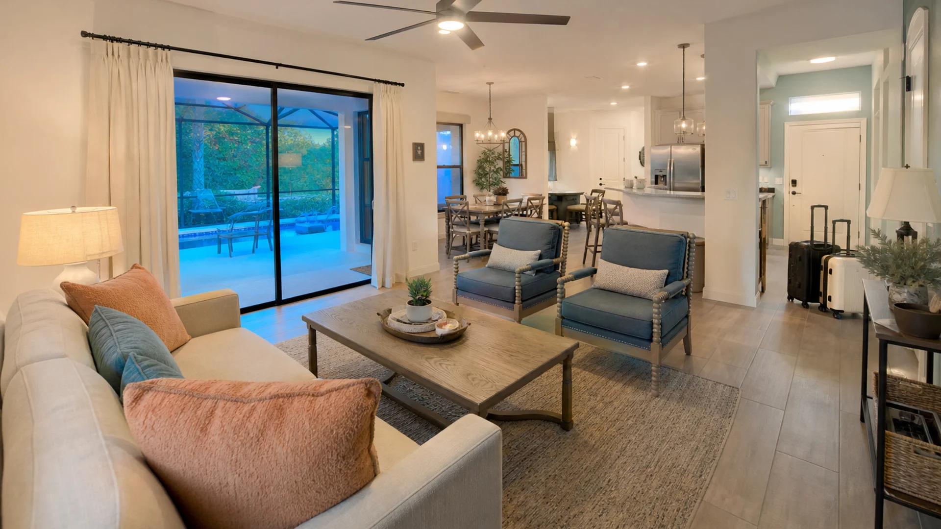 Guest-ready Central Florida Airbnb living room furnished by a vacation rental setup company.