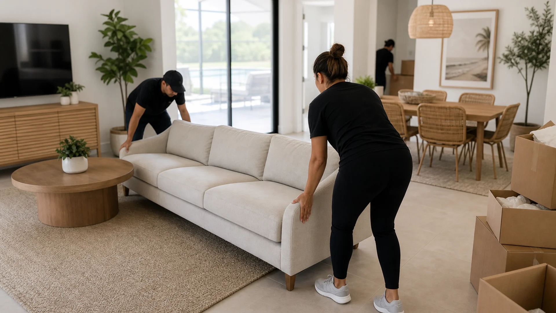 Vacation rental setup team installing furniture in a Central Florida Airbnb home.