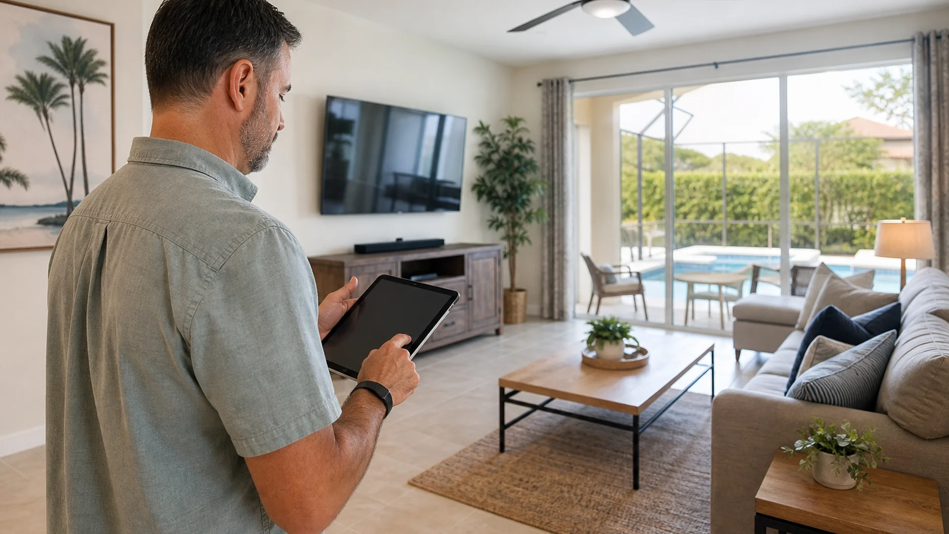 Remote Airbnb owner reviewing a completed vacation rental setup in Central Florida.