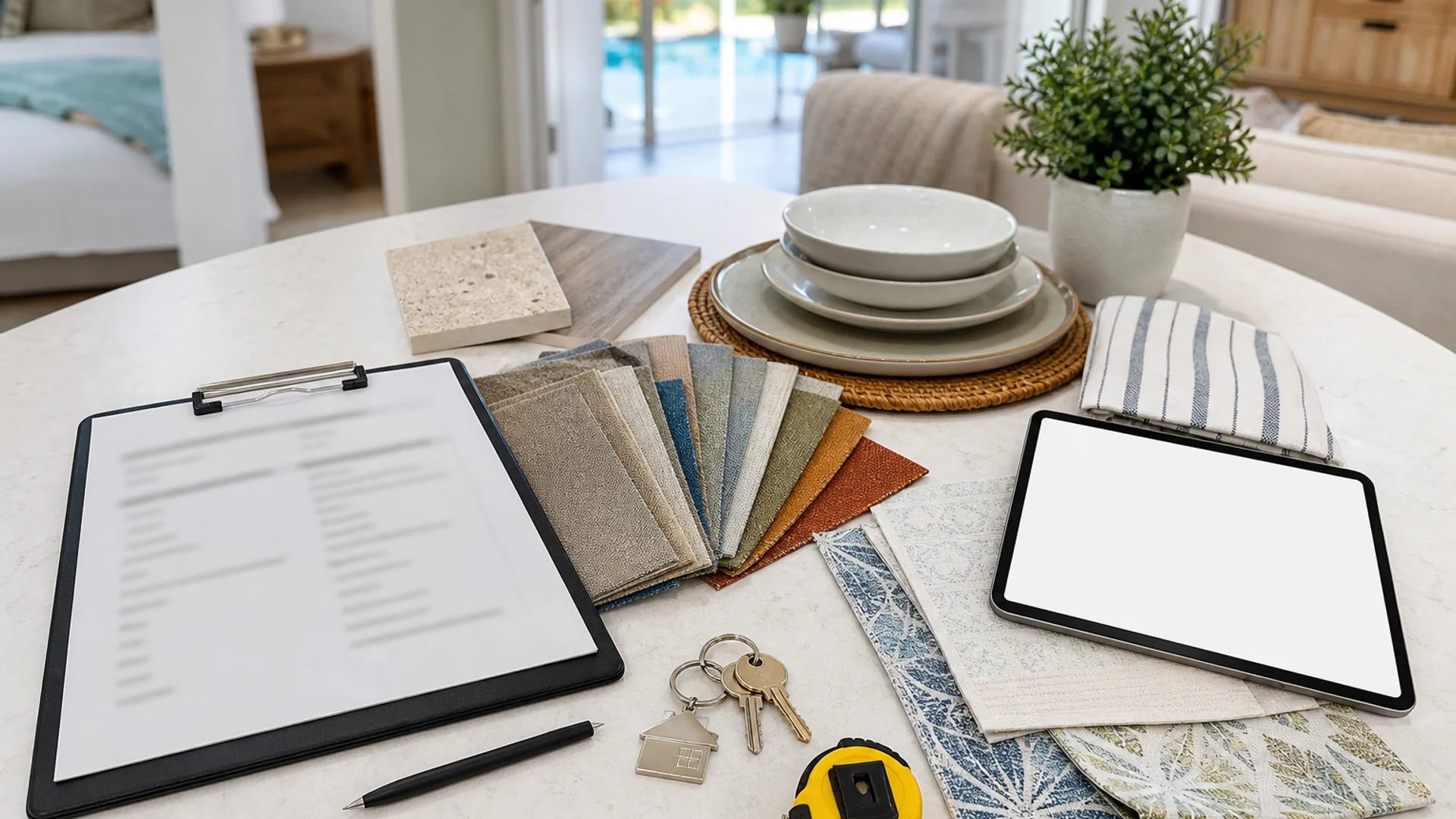 Airbnb setup checklist with furniture, housewares, and planning materials.