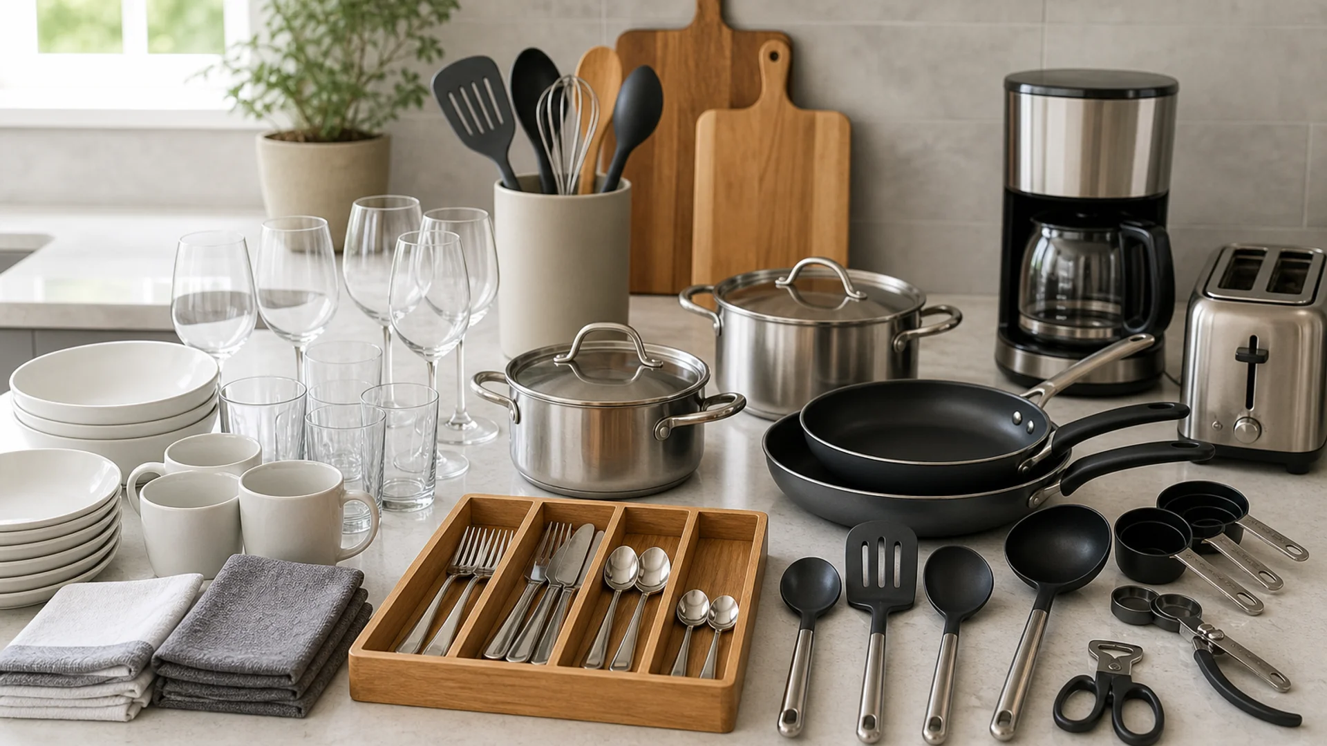 Airbnb housewares checklist items arranged for a vacation rental kitchen.