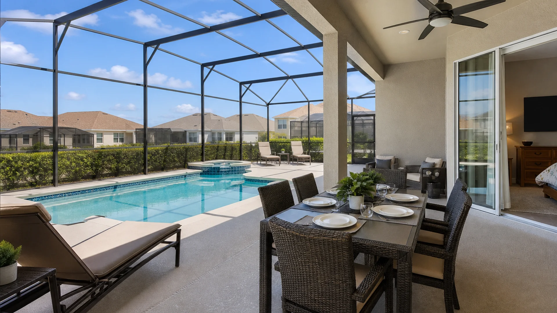 Davenport Airbnb pool deck with outdoor vacation rental furniture.
