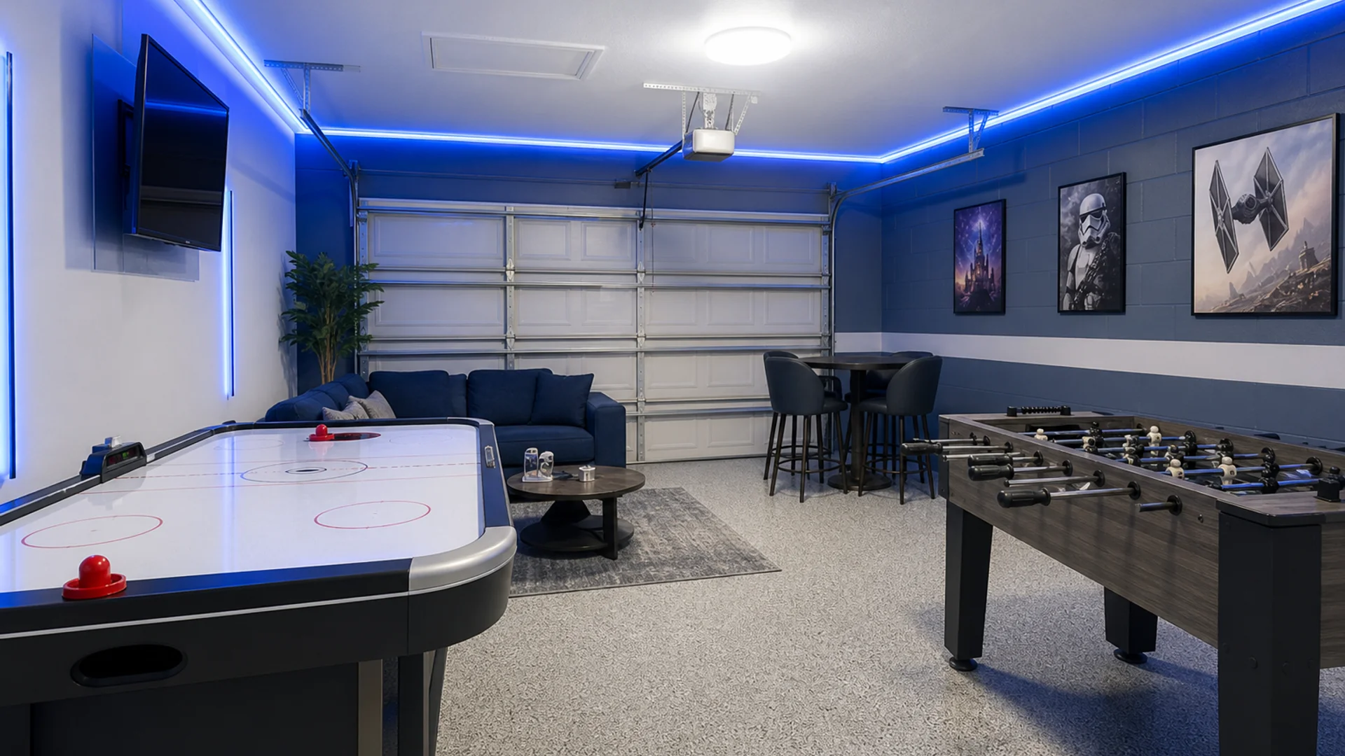 Kissimmee vacation rental garage game room setup for Airbnb guests.