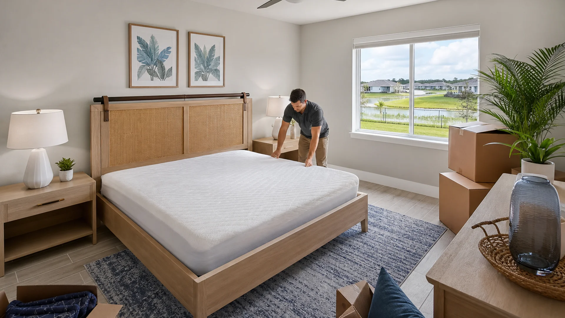 Empty new construction vacation rental bedroom being furnished for Airbnb.