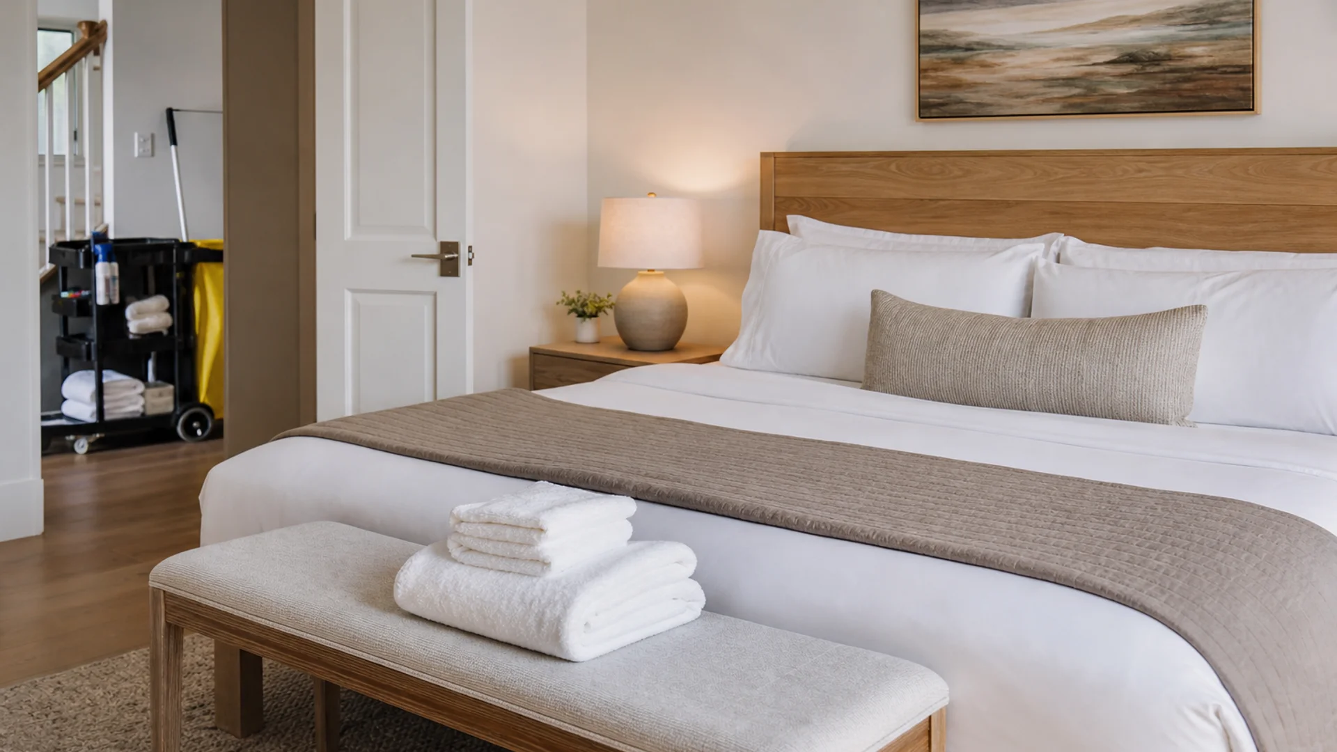 Vacation rental bedroom prepared for cleaning and guest turnover before launch.