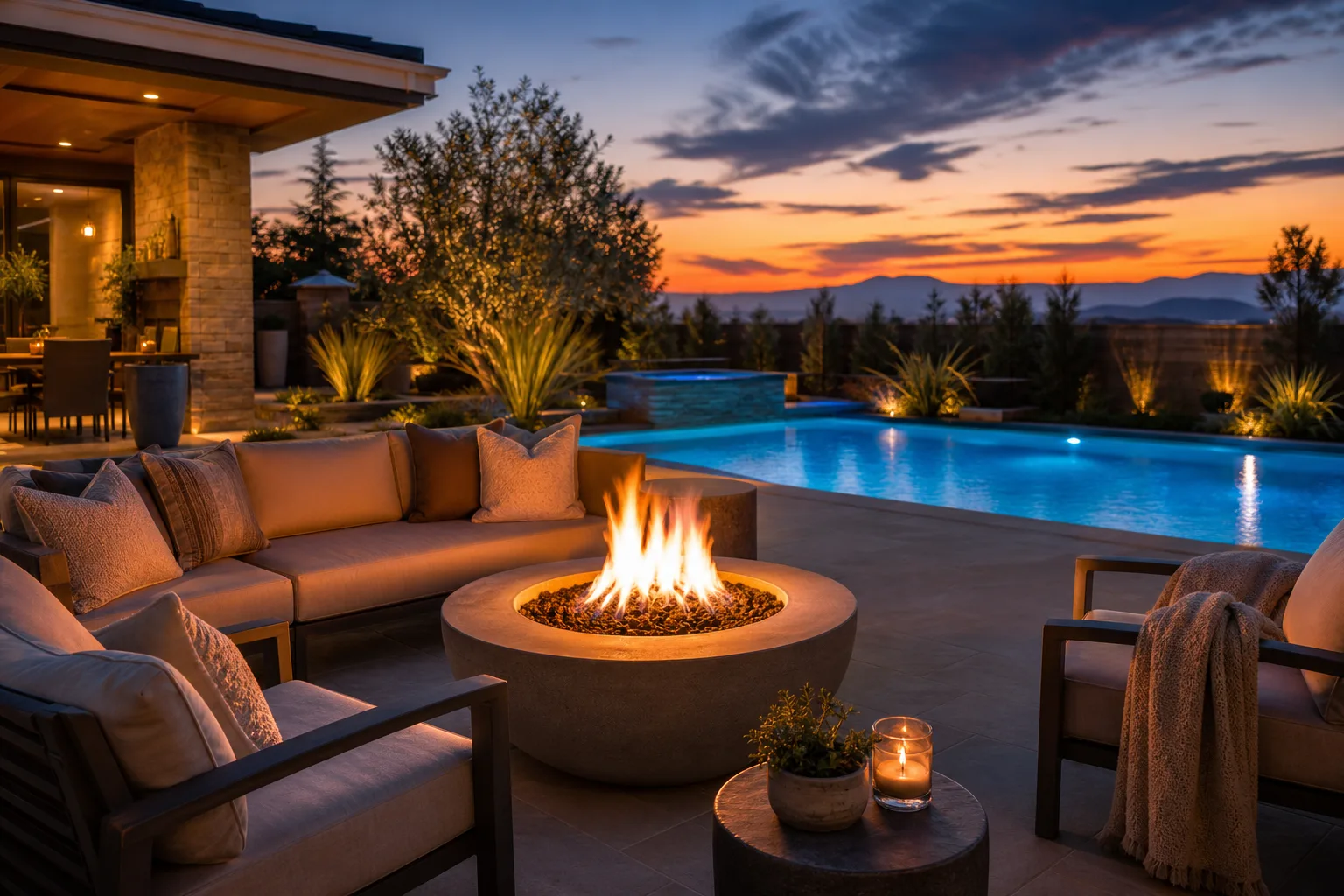 Pool deck zones — lounger row, dining set, sun-shade staging