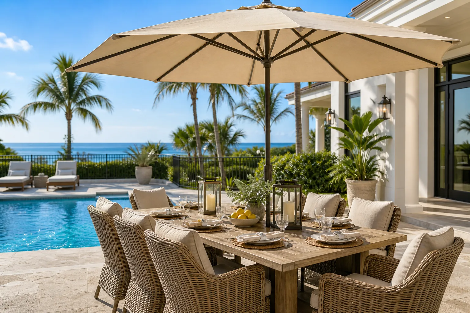 Lounger row — the primary pool-deck composition anchor