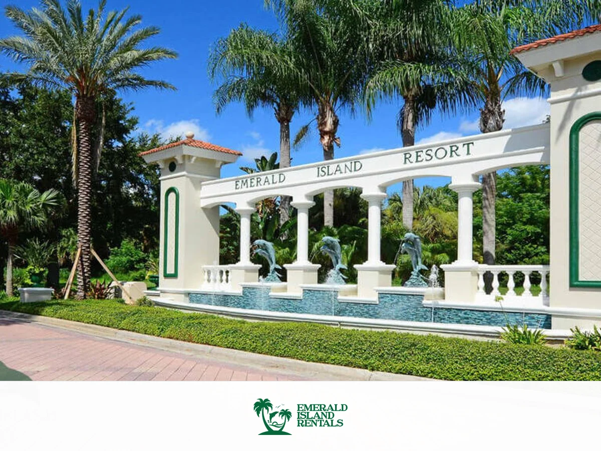 Emerald Island Resort clubhouse with community logo