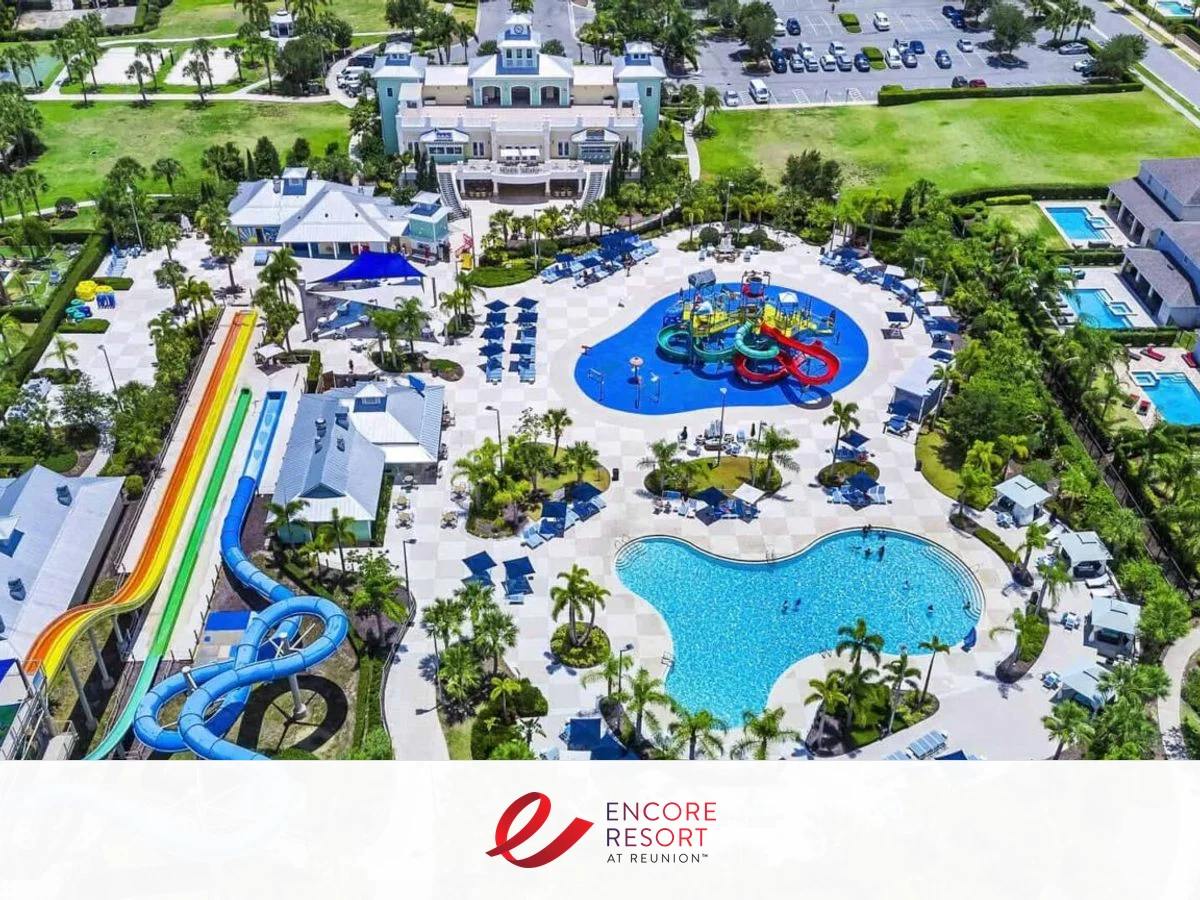 Encore Resort Aqua Park water park aerial with community logo