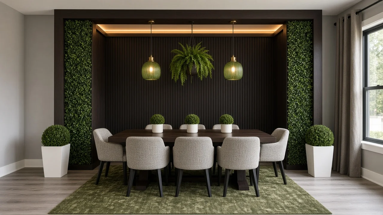 Design render: Organic Modern dining area with trestle table