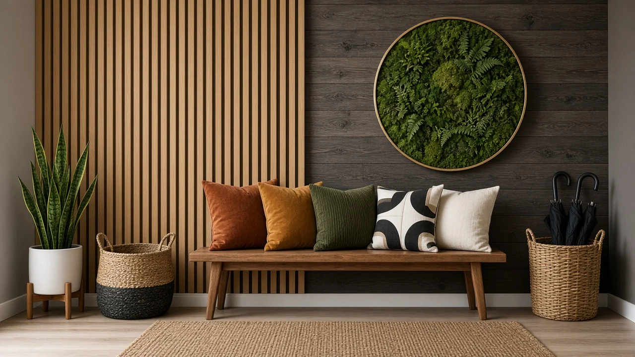 Design render: Organic Modern entry with natural wood slat panels