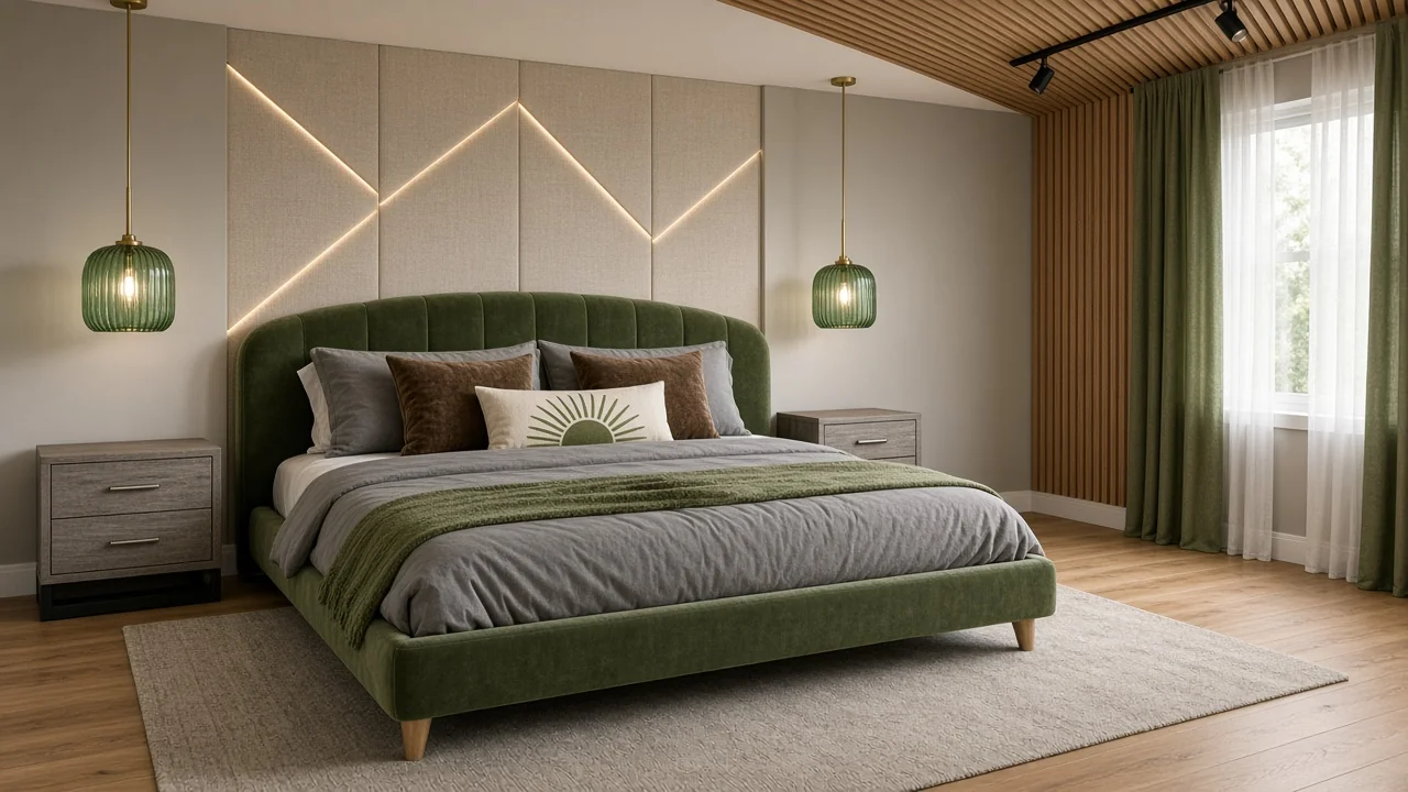 Design render: Organic Modern king bedroom with olive velvet bed