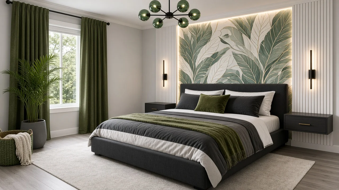 Design render: Organic Modern king bedroom with fluted slat panels