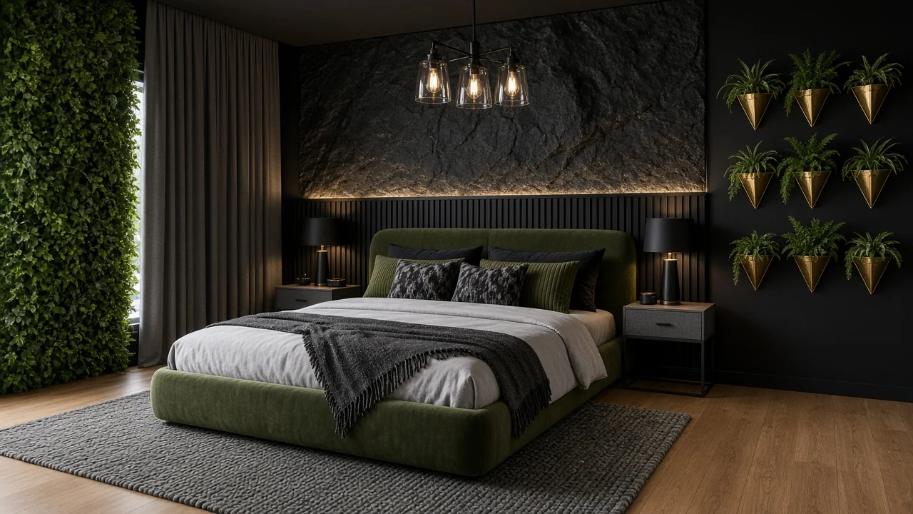 Design render: Organic Modern king bedroom with stone panel accent