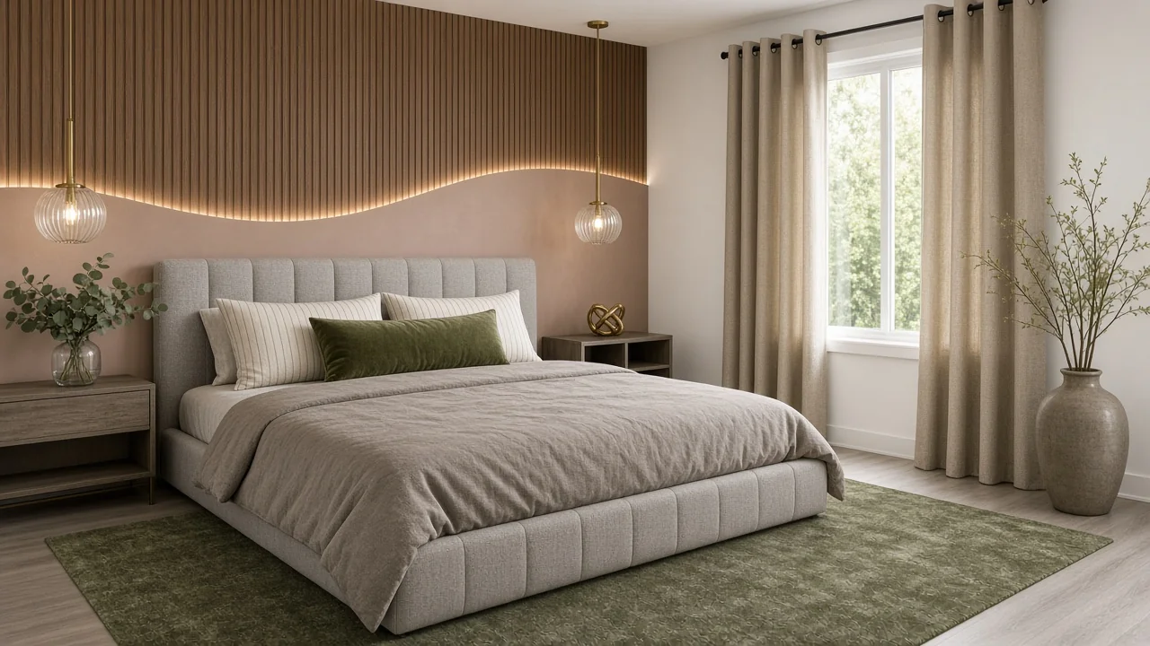 Design render: Organic Modern king bedroom with walnut fluted wall