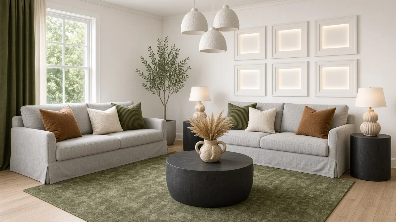 Design render: Organic Modern living area with L-shaped sofas