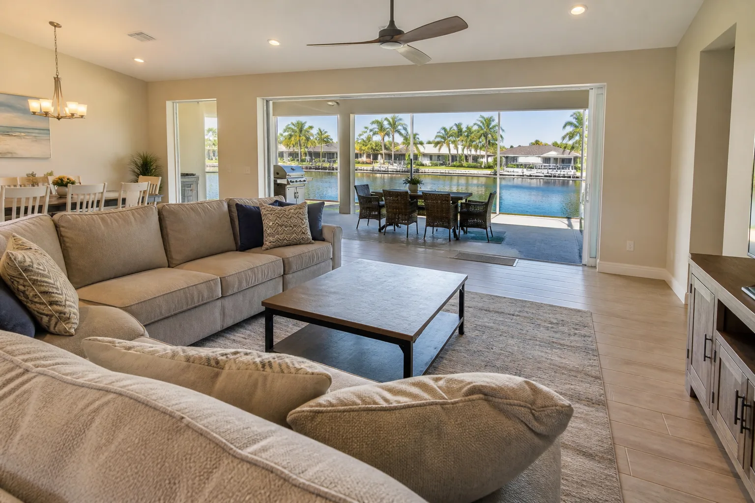 Vacation rental living room furnished for a Cape Coral, Florida STR, opening to a canal lanai