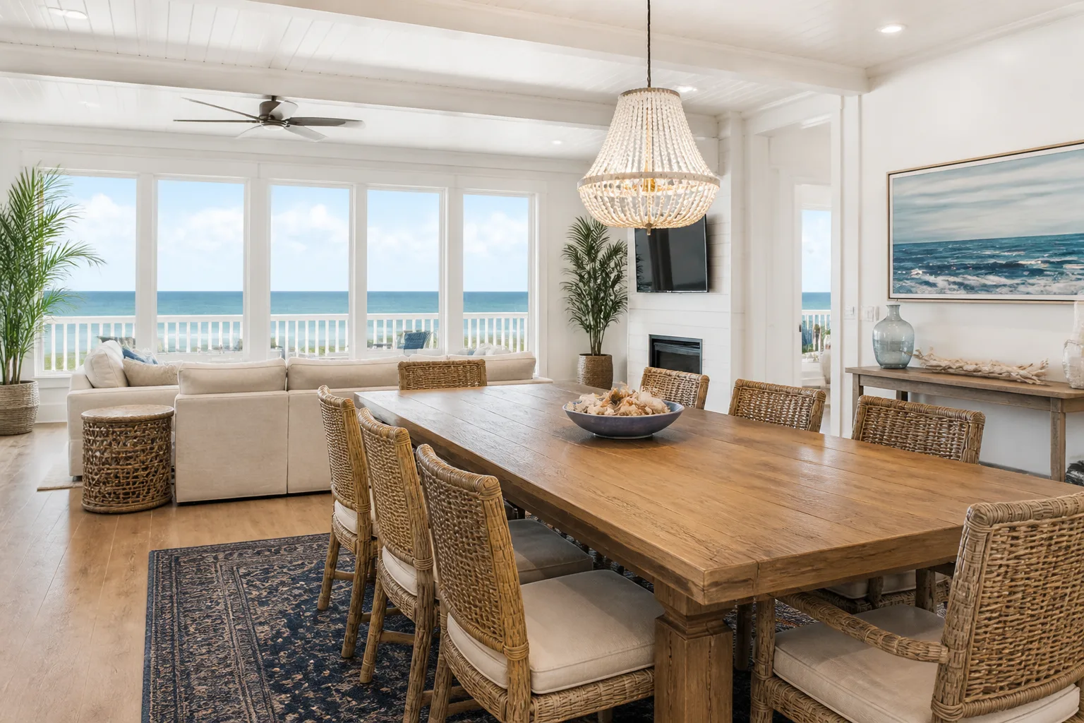 Vacation rental living and dining room furnished for Destin, Florida STR with Gulf view