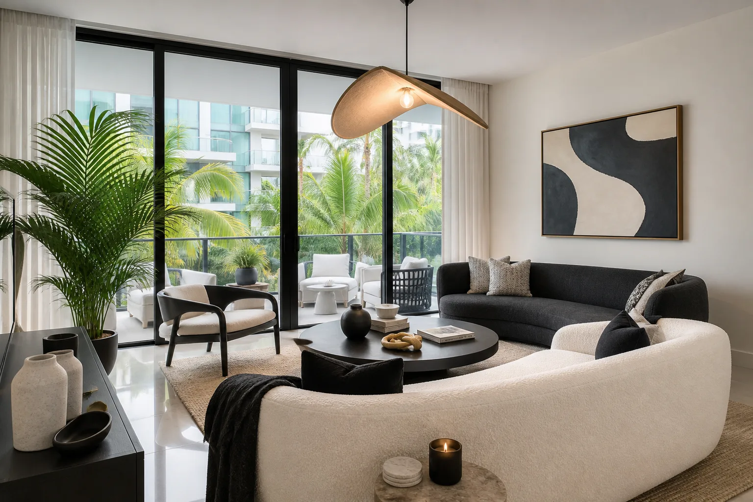 Condo living room furnished for a Miami, Florida vacation rental with balcony view