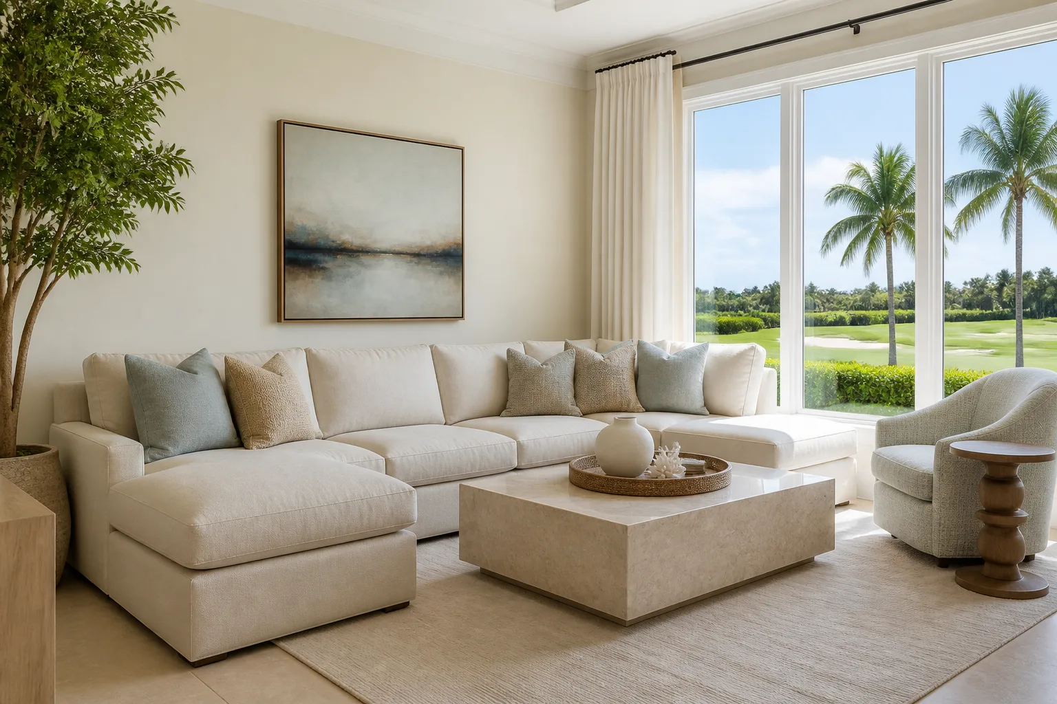 Coastal living room furnished for a Naples, Florida vacation rental