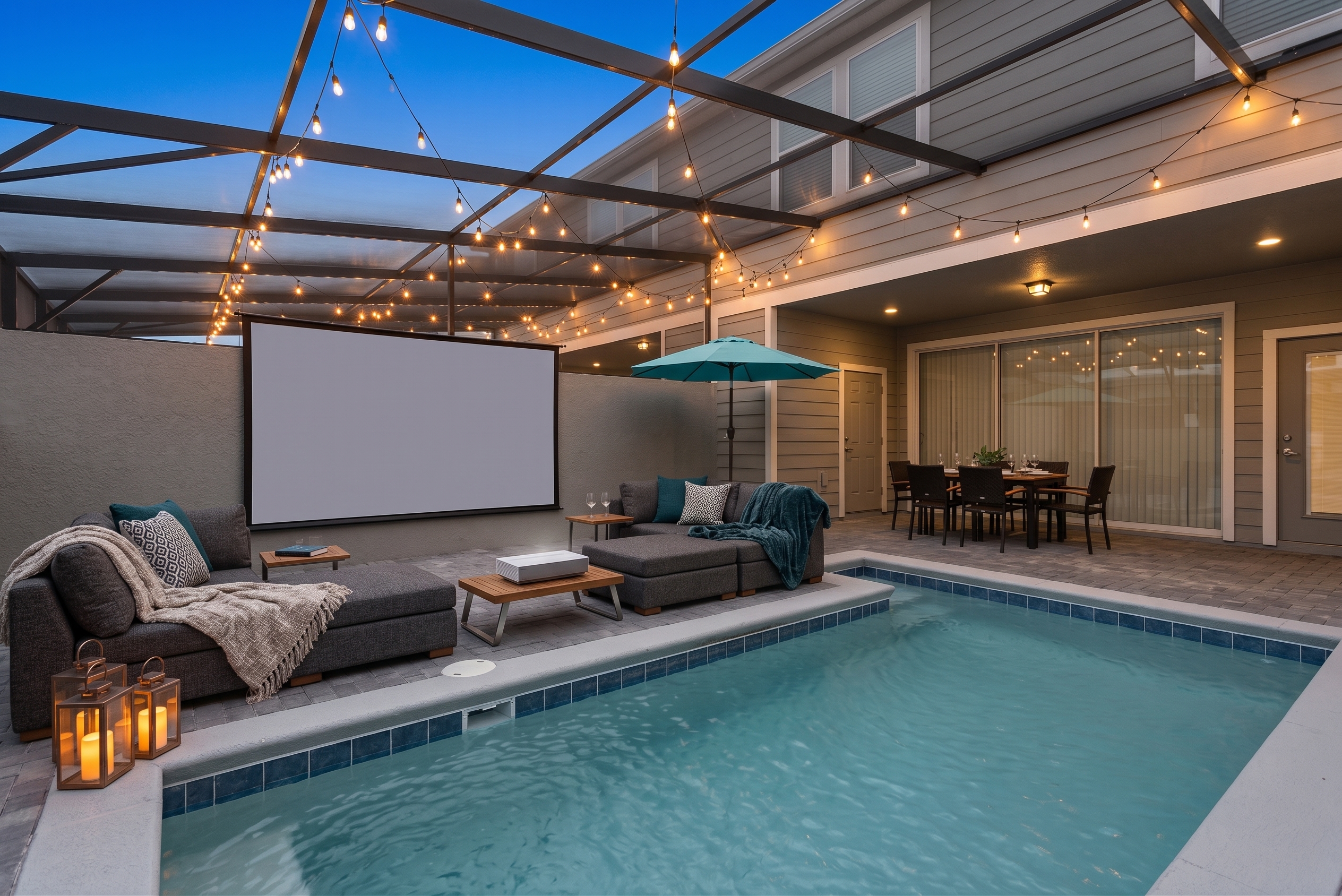 Outdoor theater design concept with pool deck seating