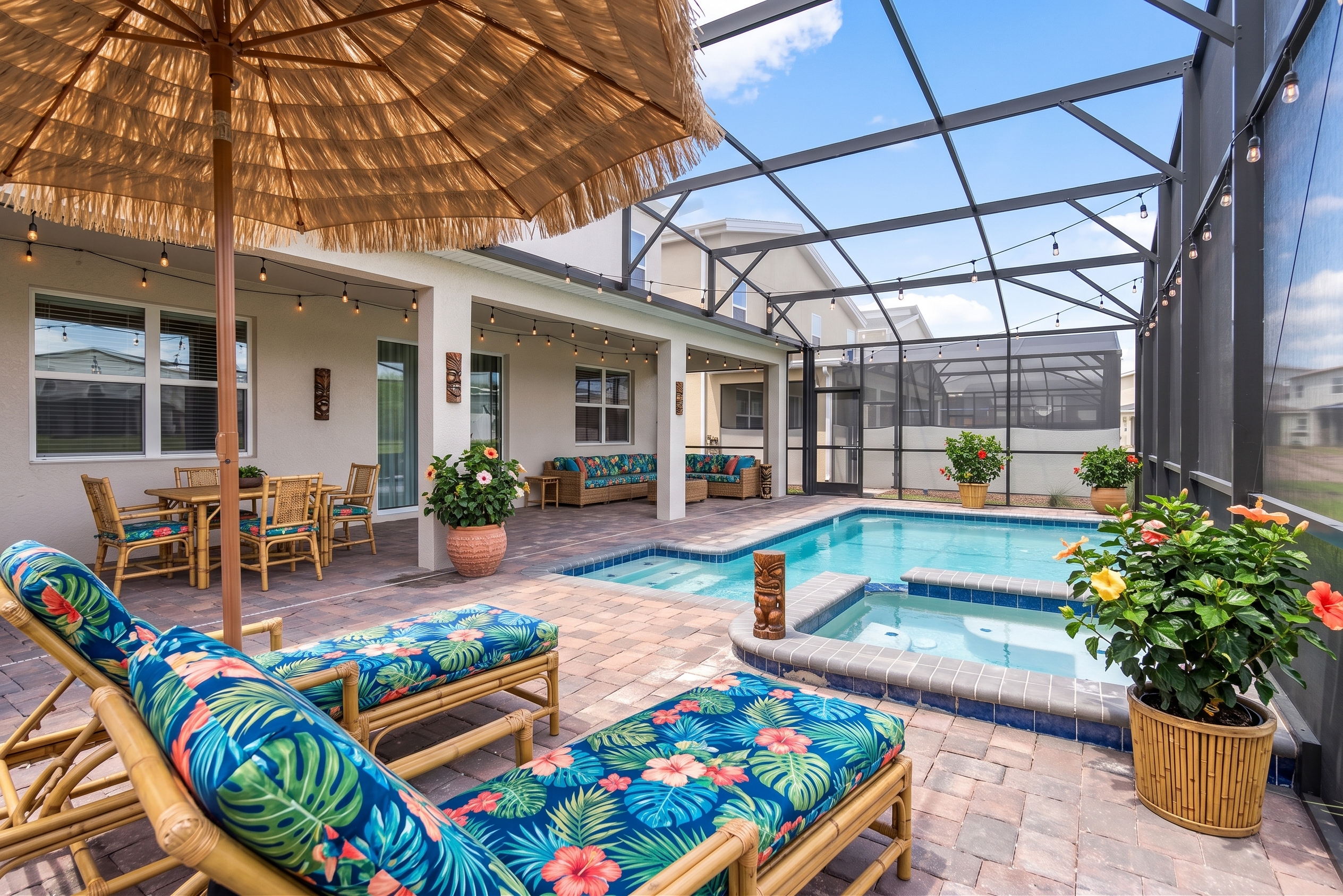 Tiki bar and lounge area design concept for pool deck
