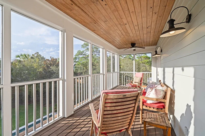 Outdoor lanai staged for remote-owner install walkthrough