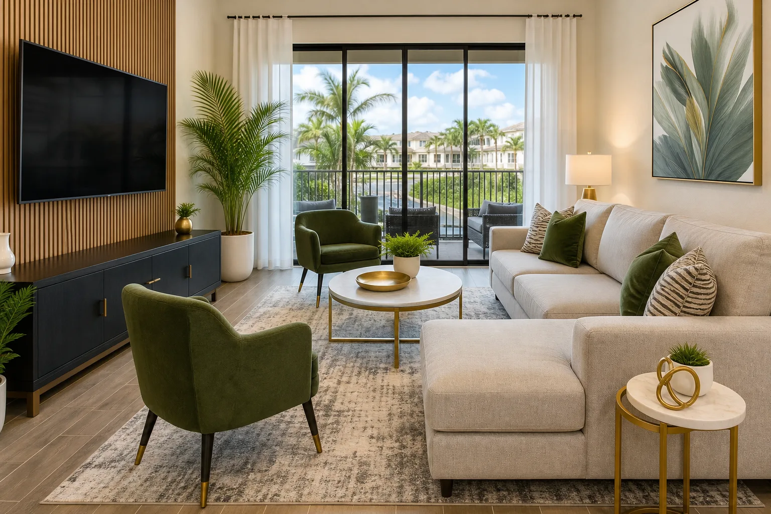 Upscale Orlando-area vacation rental living room with warm natural light and refined tropical accents for international investors