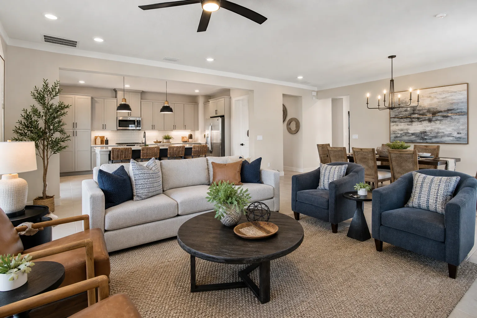 New-construction Central Florida resort home interior furnished for short-term rental use with model-home-quality presentation