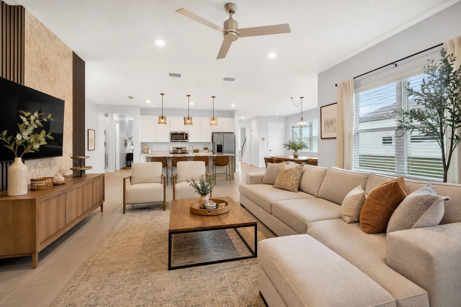 New-construction Clermont vacation rental interior with modern finishes and neutral rental-ready furniture for STR launch