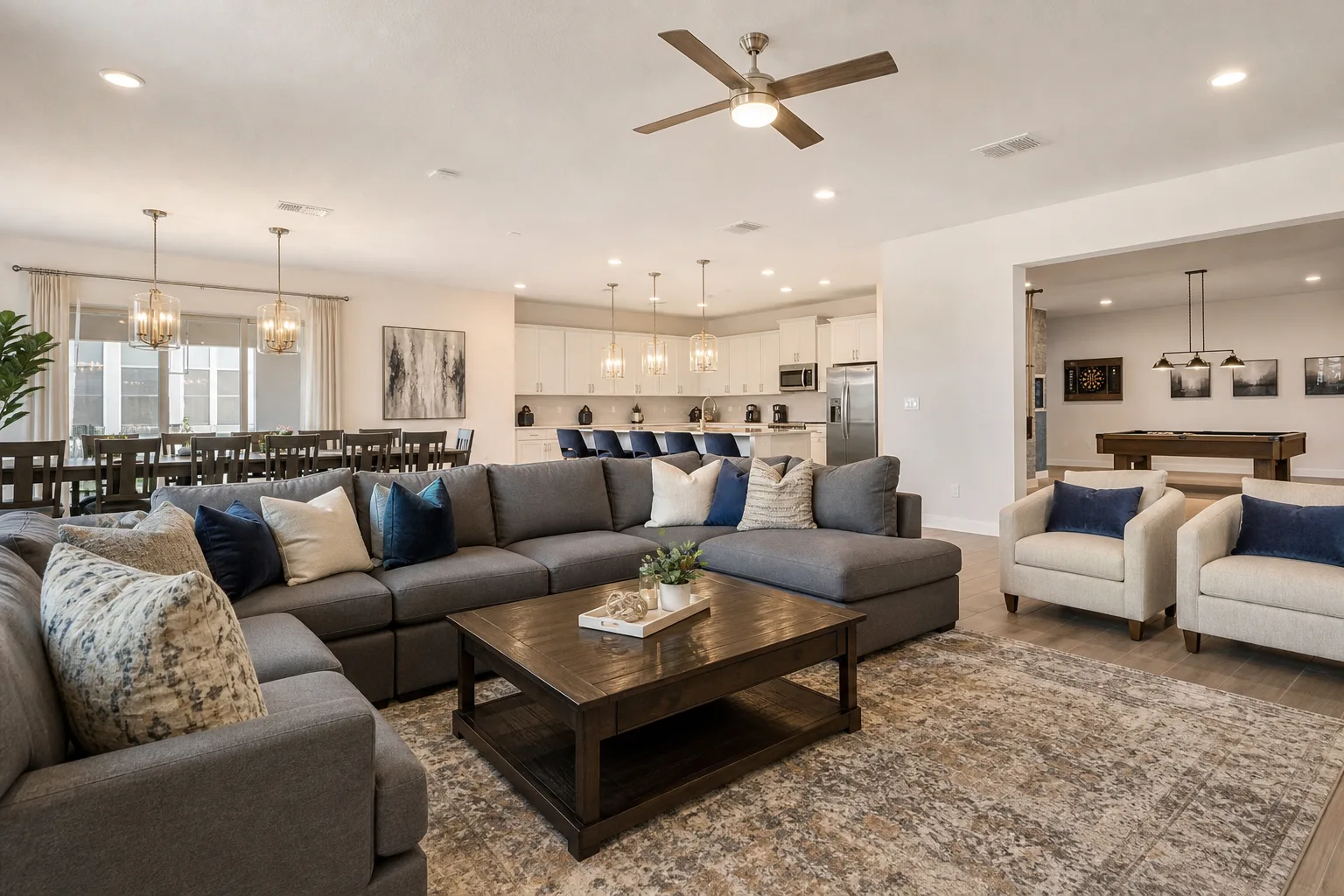 Spacious Davenport resort vacation rental great room with group seating, large dining area, and family-group layout