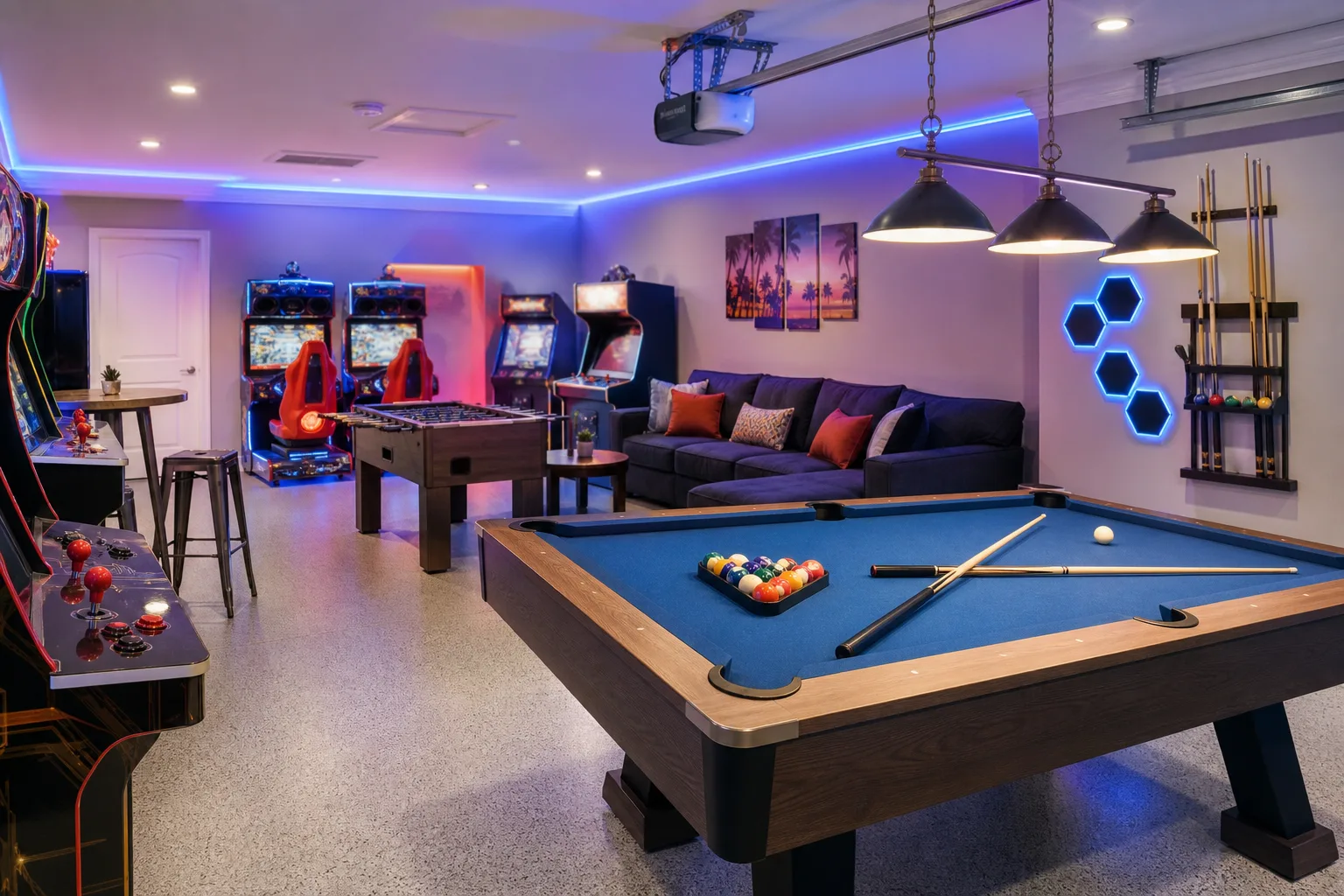 Modern family game room with arcade games, pool table, and lounge seating in a Central Florida vacation rental