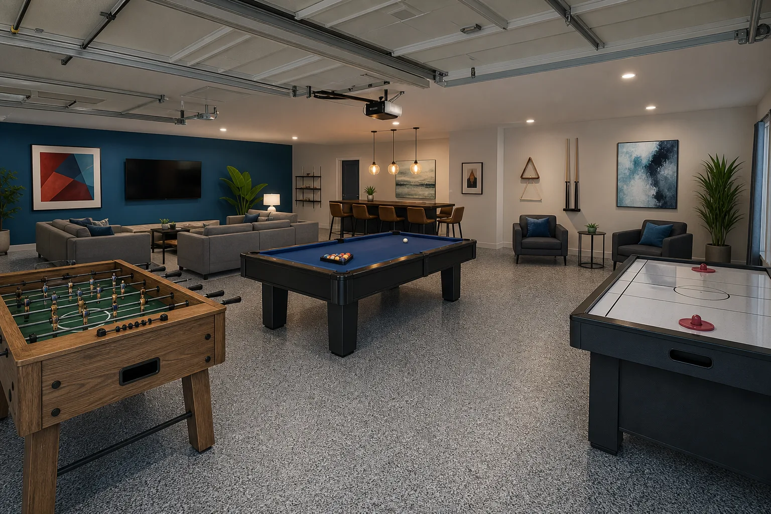 Polished garage converted into a guest-ready entertainment room with game tables and lounge seating
