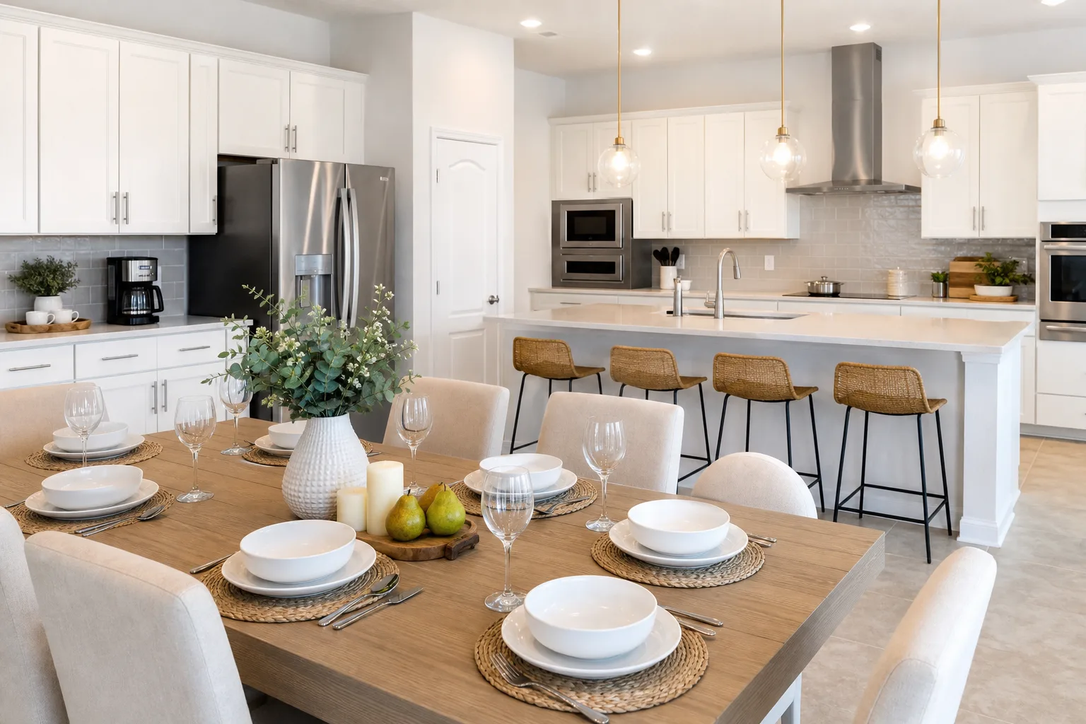 Guest-ready vacation rental kitchen with arranged plates, glassware, cookware, and coffee station