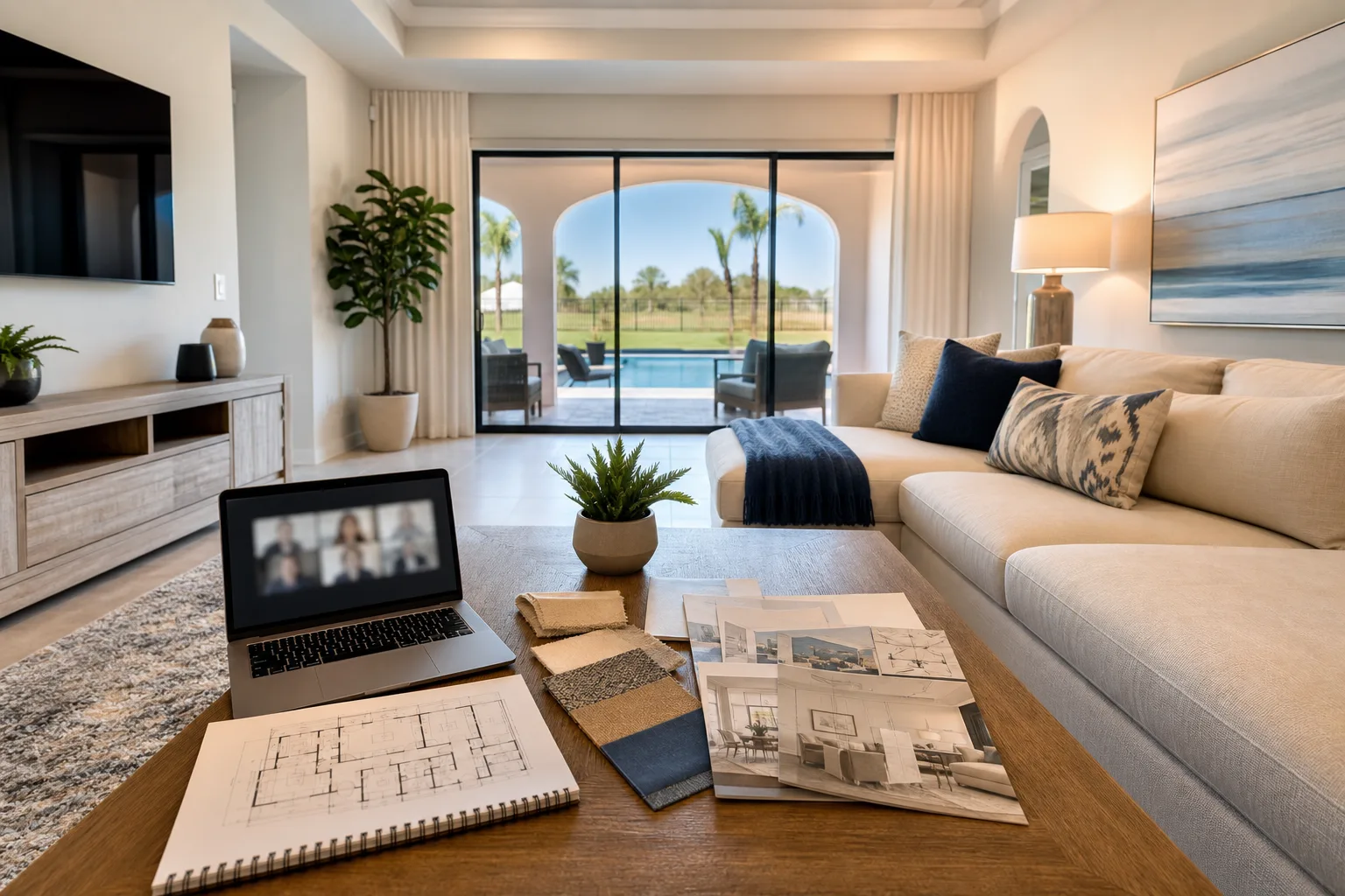Central Florida vacation rental living room with laptop, floor plans, and fabric samples for remote international furnishing coordination