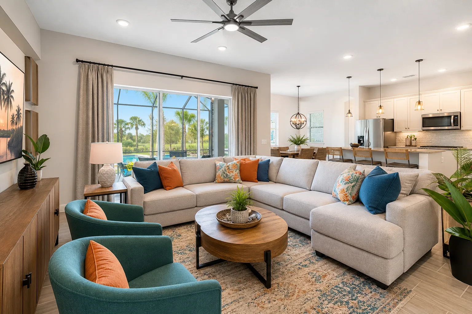 Family-friendly Kissimmee vacation rental living room near Disney with durable seating and guest-ready decor