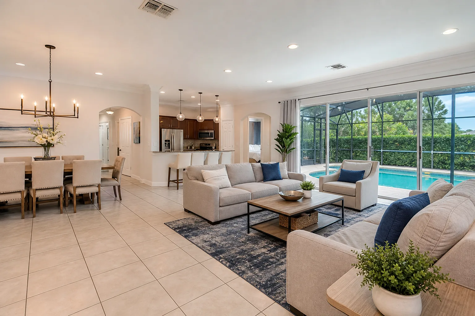 Upscale Orlando-area vacation rental open living and dining space with resort-style decor and guest-ready staging
