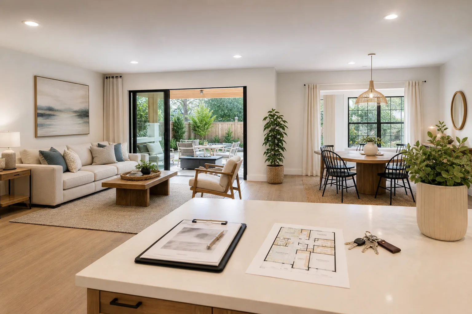 Guest-ready vacation rental interior after white-glove install with staged decor and completed handoff details