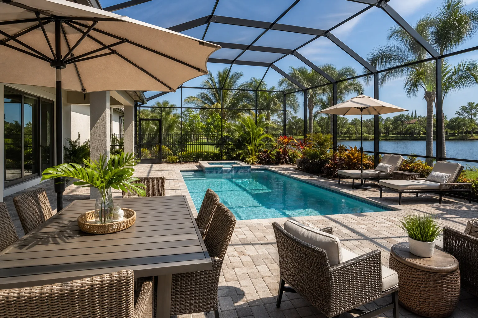 Central Florida vacation rental pool deck with outdoor dining, lounge seating, and tropical landscaping