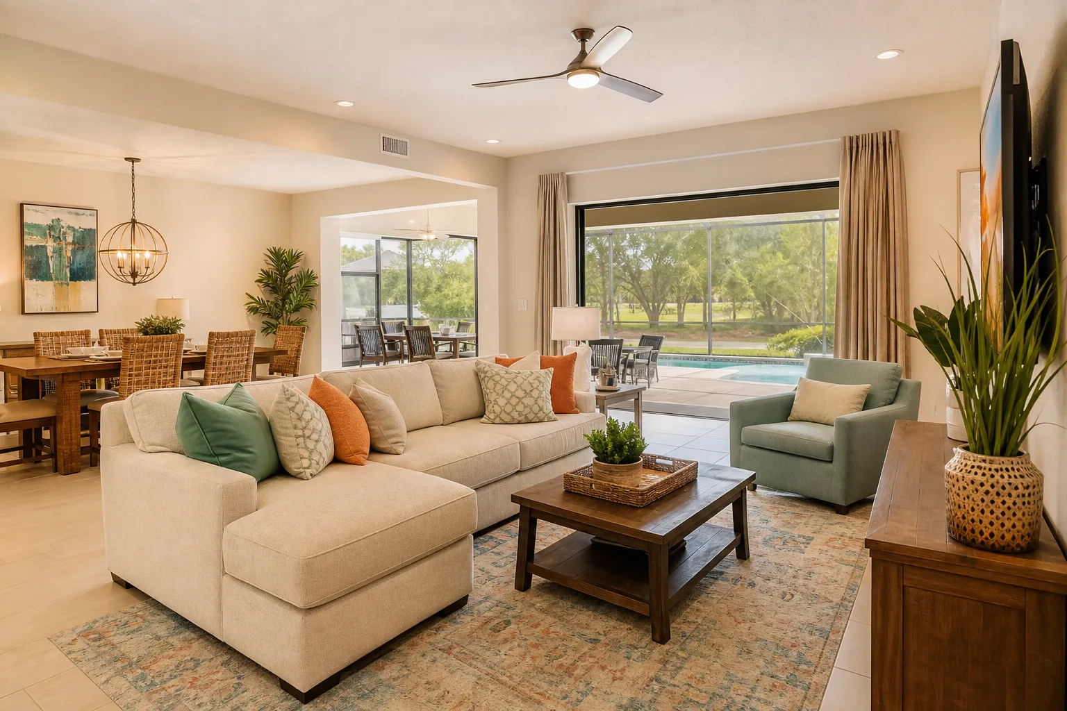 Warm Central Florida vacation rental interior with comfortable seating and resort-home feel for international family travelers