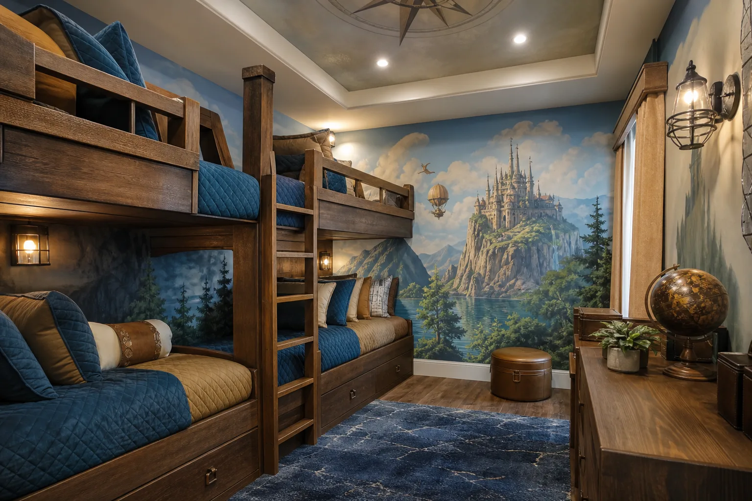 Adventure-themed kids bunk room in a Central Florida vacation rental with playful mural and durable bedding