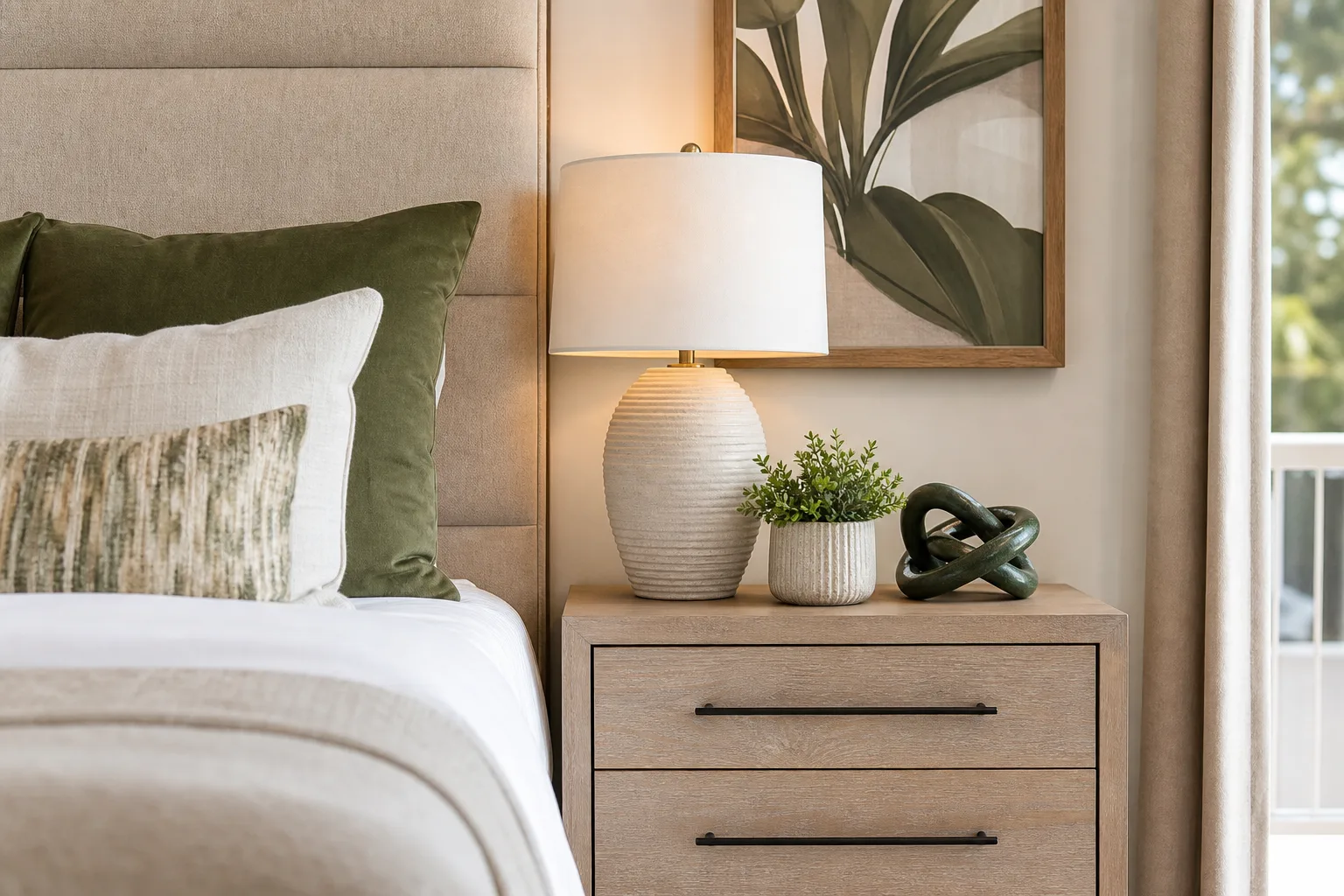 Vacation rental bedroom nightstand detail with lamp, layered bedding, wall art, and decor accessories