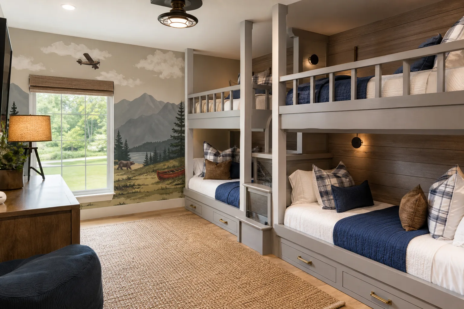 Durable vacation rental bunk room with storage, layered bedding, and playful generic themed accents