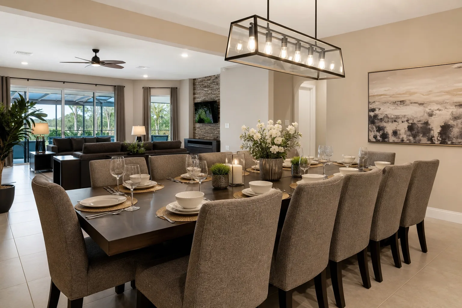 Vacation rental dining room set for a large family group with durable chairs and open living connection